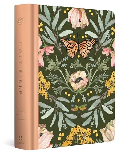 Closed Bible with floral and butterfly design on dark green cover.