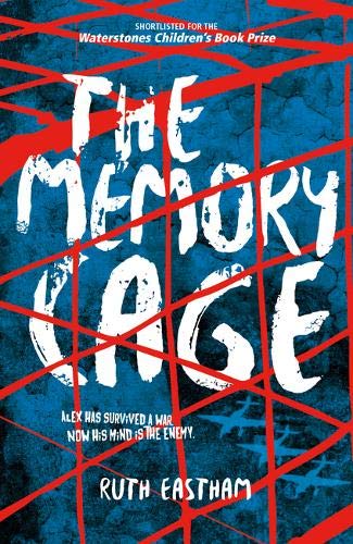 Book cover with bold white title "The Memory Cage" over a cracked blue background.