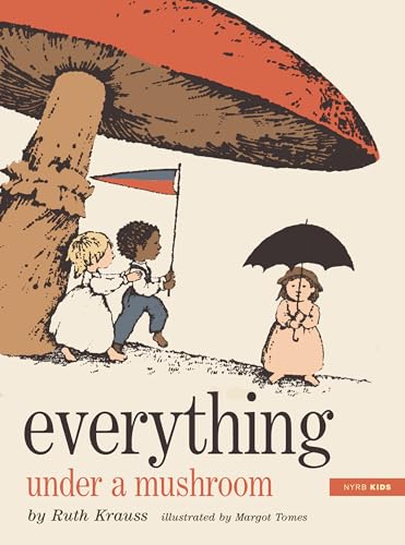 Children with a flag and umbrella sheltered under a large mushroom.