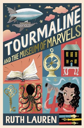 Book cover showing a girl with a telescope, an airship, octopus, key, and compass.