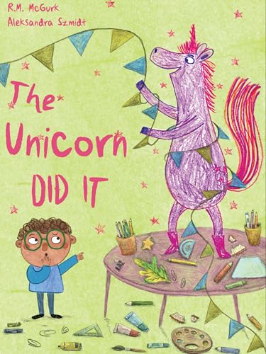 A purple unicorn hangs bunting over a table while a surprised boy points.