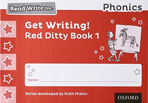 Red "Get Writing!" phonics book cover with a child and donkey illustration.