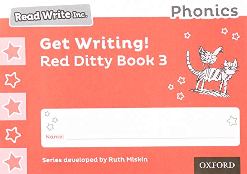 Red "Get Writing!" book cover with cartoon cat and star illustrations.