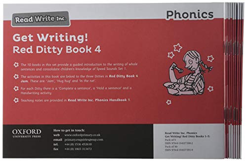 Red "Get Writing!" phonics books with a cartoon girl and stars.