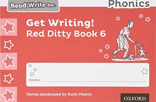 Red "Get Writing!" phonics book cover with illustration of children playing soccer.