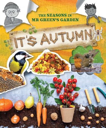 Autumn garden scene with birds, leaves, vegetables, and gardening tools.