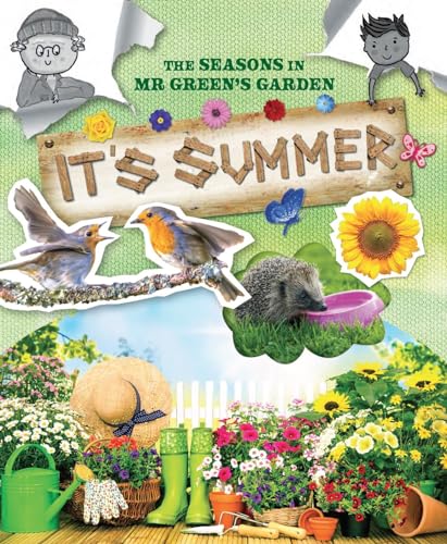 Collage of summer garden scenes with birds, hedgehog, and flowers.
