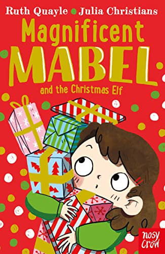 Book cover: girl hugging colorful presents, red background, title "Magnificent Mabel".