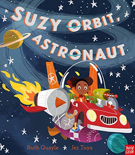 A girl with dark hair in a rocket-powered car flying through space.