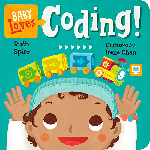 Board book cover with colorful toy train illustration and baby’s face.