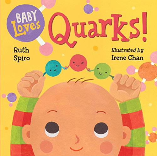 Book cover with a baby’s face and three colorful, smiling quark characters.