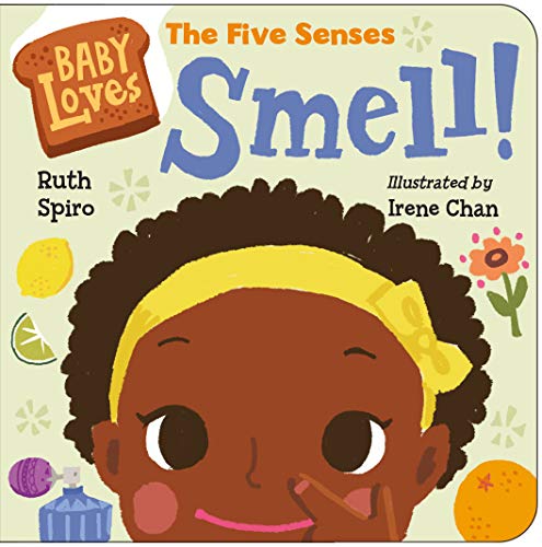 Book cover with illustrated baby face and images of fragrant items.
