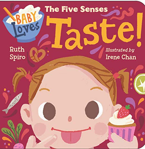 Book cover with illustrated baby tasting a cupcake, exploring flavor.