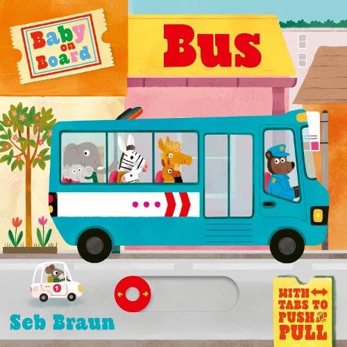 Blue bus with animal passengers, interactive tabs, and colorful illustrations.