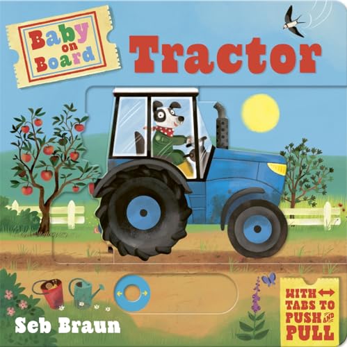 Blue tractor with a dog driving, interactive tabs, and apple tree.