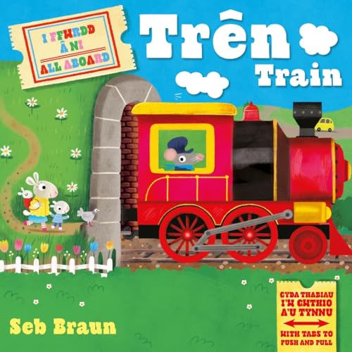 Red steam train with a mouse driver travels through a green landscape.