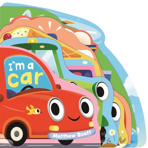 Red car with a smiling face, stacked with other colorful vehicles.