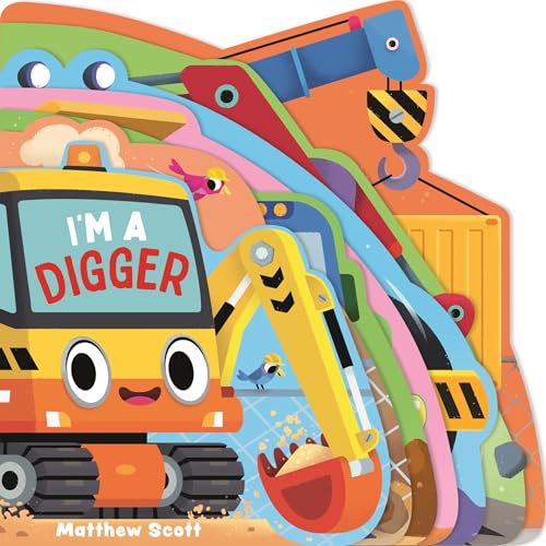 Colorful children’s book cover featuring cartoon construction vehicles and the title “I’m a Digger”.
