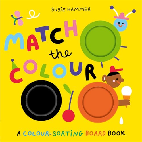 Bright yellow board book cover with colorful shapes and playful illustrations.