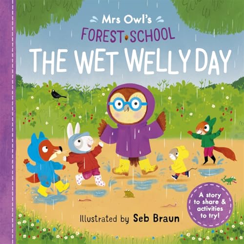 Book cover: owl and animal friends in rain gear on a wet day.