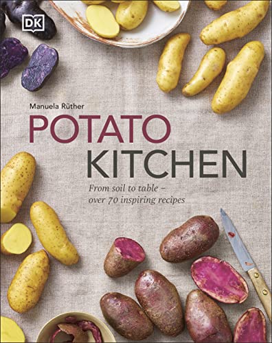 Cookbook "Potato Kitchen" with various potatoes and a small knife.