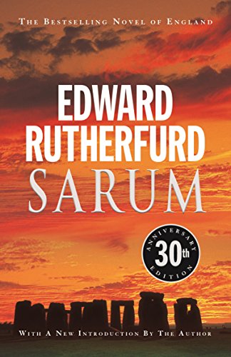 The alt text for the image is: "Book cover with 'Sarum' by Edward Rutherford, featuring Stonehenge at sunset."