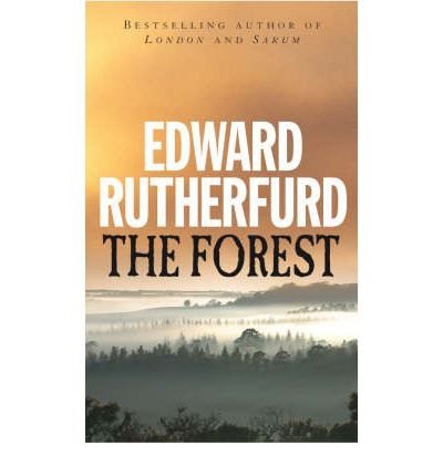 Book cover for "The Forest" by Edward Rutherfurd, with a misty woodland scene.