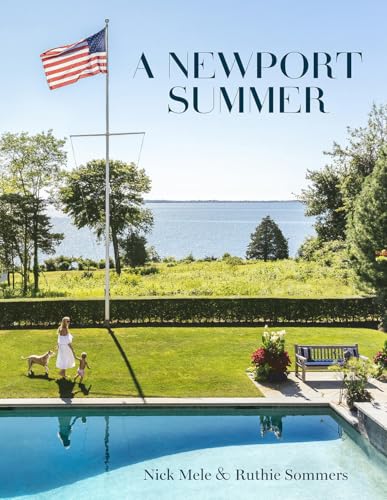 Book cover: woman, dogs, pool, ocean view, American flag, Newport.