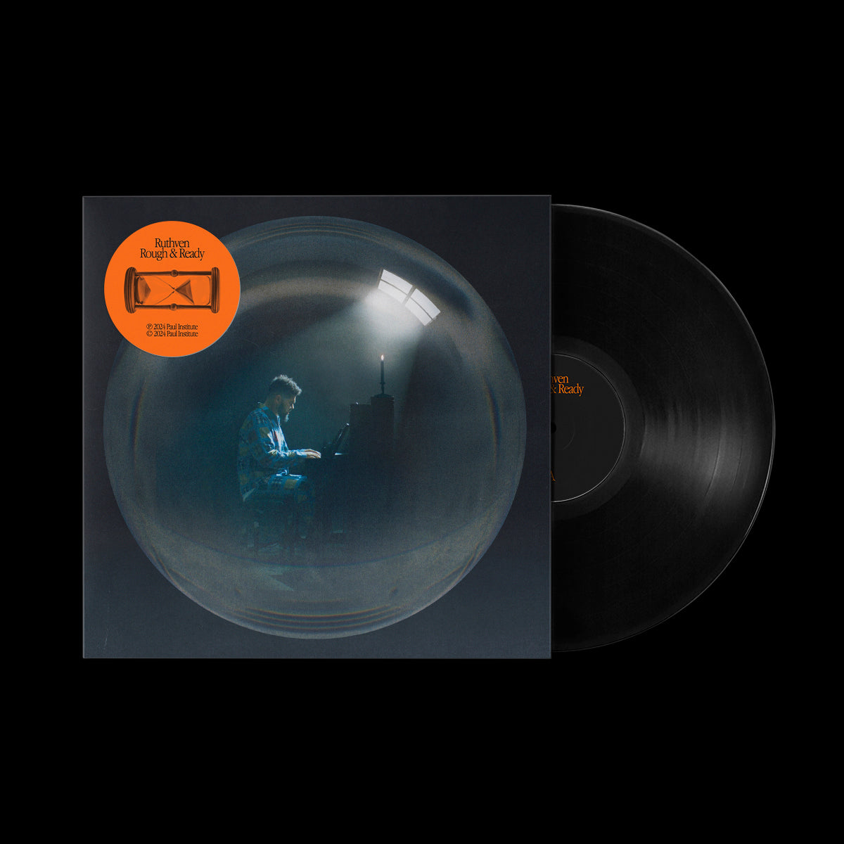Black vinyl record with orange label featuring a musician illustration.