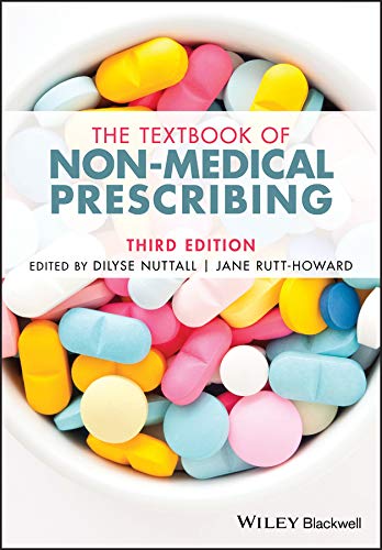 Book cover: "The Textbook of Non-Medical Prescribing" with colorful pills.