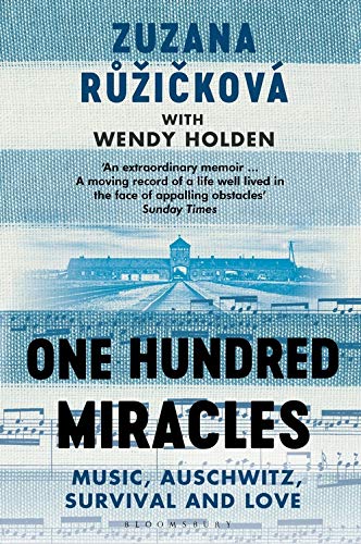 Book cover: woman’s face over Auschwitz image, title “One Hundred Miracles.”