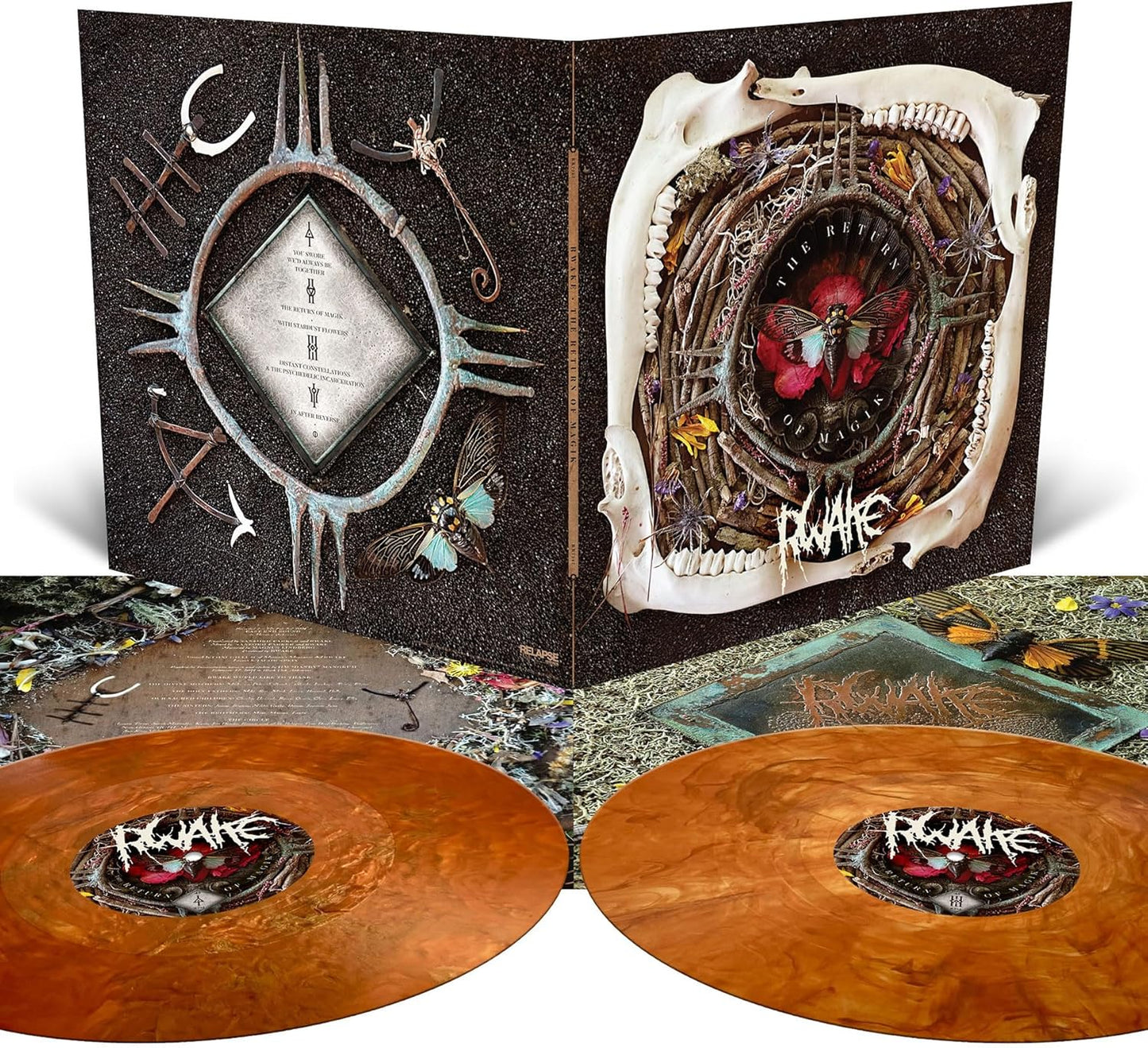Gatefold vinyl record jacket and two marbled orange discs with occult and nature imagery.