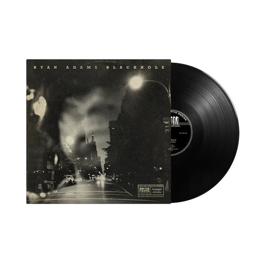Ryan Adams’ “Blackhole” vinyl record and sleeve, black and white image.