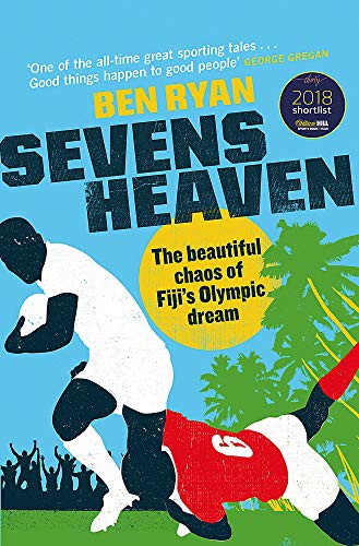 Book cover depicting rugby players with palm trees, titled “Sevens Heaven.”