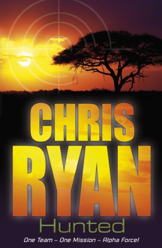 Book cover: sunset, acacia tree, and large yellow text reading "Chris Ryan Hunted".