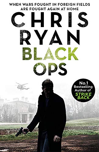 Book cover: man with gun, large text “Black Ops”, house background.