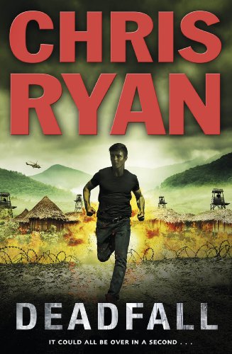 A man runs from an explosion in front of a military camp, book cover art.