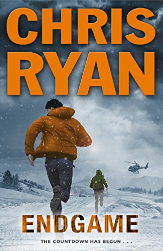 Book cover showing two people running through snow with a helicopter in the background.