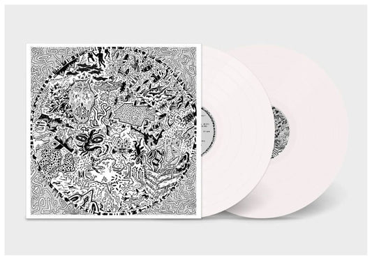 Vinyl record album cover with intricate black and white illustration.