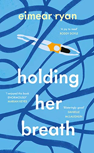 Book cover: swimmer silhouette in blue waves, title “Holding Her Breath”.