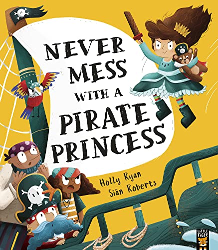 A pirate princess with a sword and teddy bear stands above three surprised pirates.