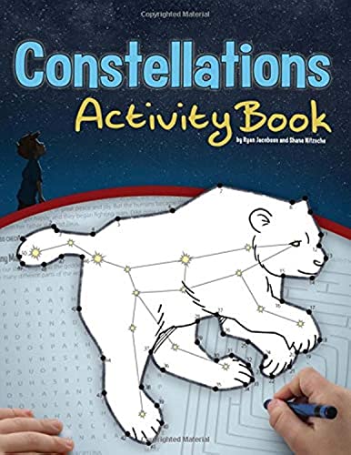 Constellations Activity Book" cover with bear outline and child stargazing.