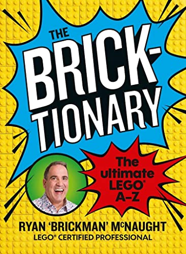 Book cover with “The Bricktionary” title, a portrait, and LEGO studs background.