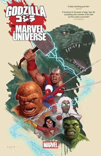 Godzilla looms behind Thor, The Thing, Spider-Man, Storm, Spider-Woman, and Hulk on a comic cover.