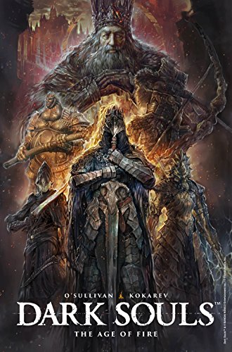 Dark Souls book cover featuring armored figures and a fiery king.