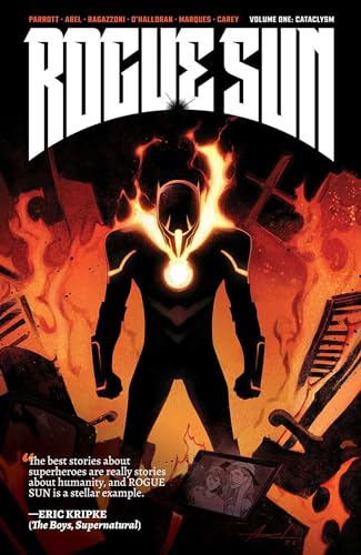 Comic book cover: shadowed figure with glowing center, fiery background.