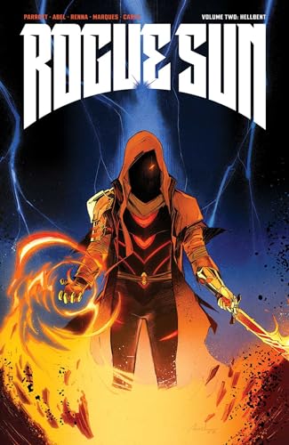 Hooded figure with fiery energy, comic book cover for "Rogue Sun.