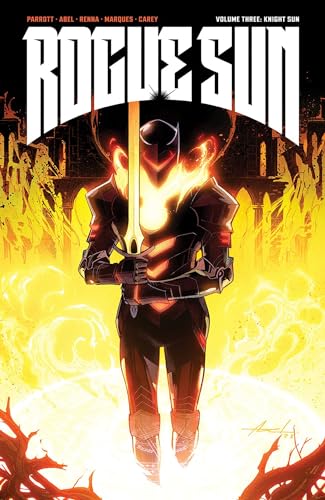 Comic book cover: armored figure with sword, fiery background.