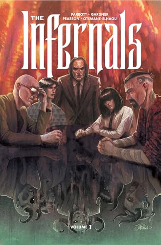Comic book cover featuring five figures with a dark, fiery background.