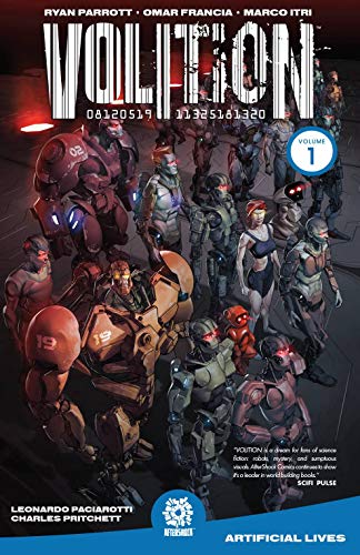 Comic book cover featuring armored figures and robots in a dystopian scene.